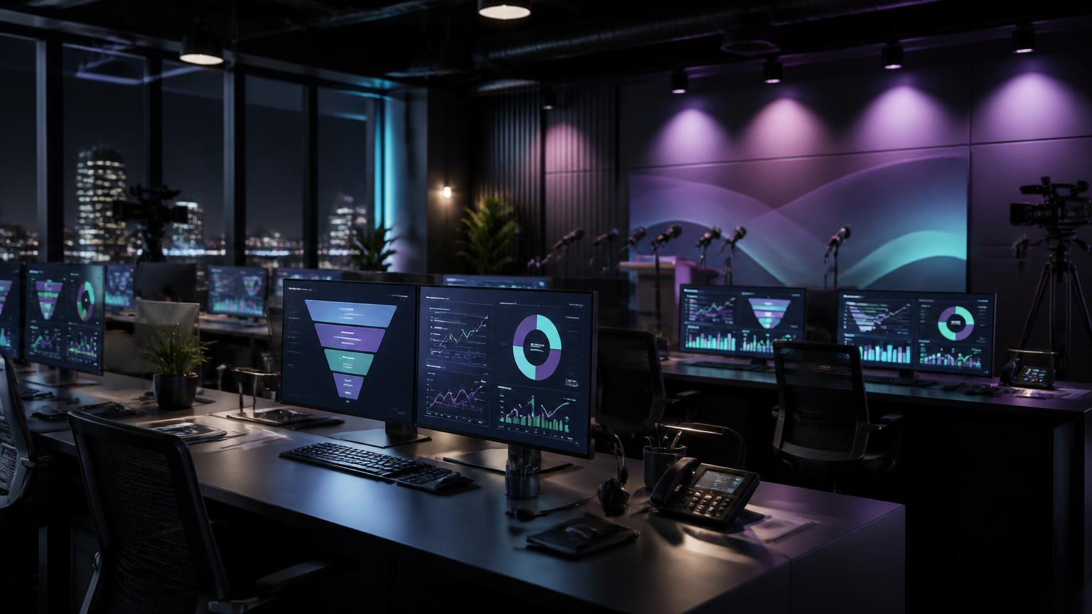 Lead generation and PR newsroom with pipeline dashboards, press backdrop and microphones under violet lighting