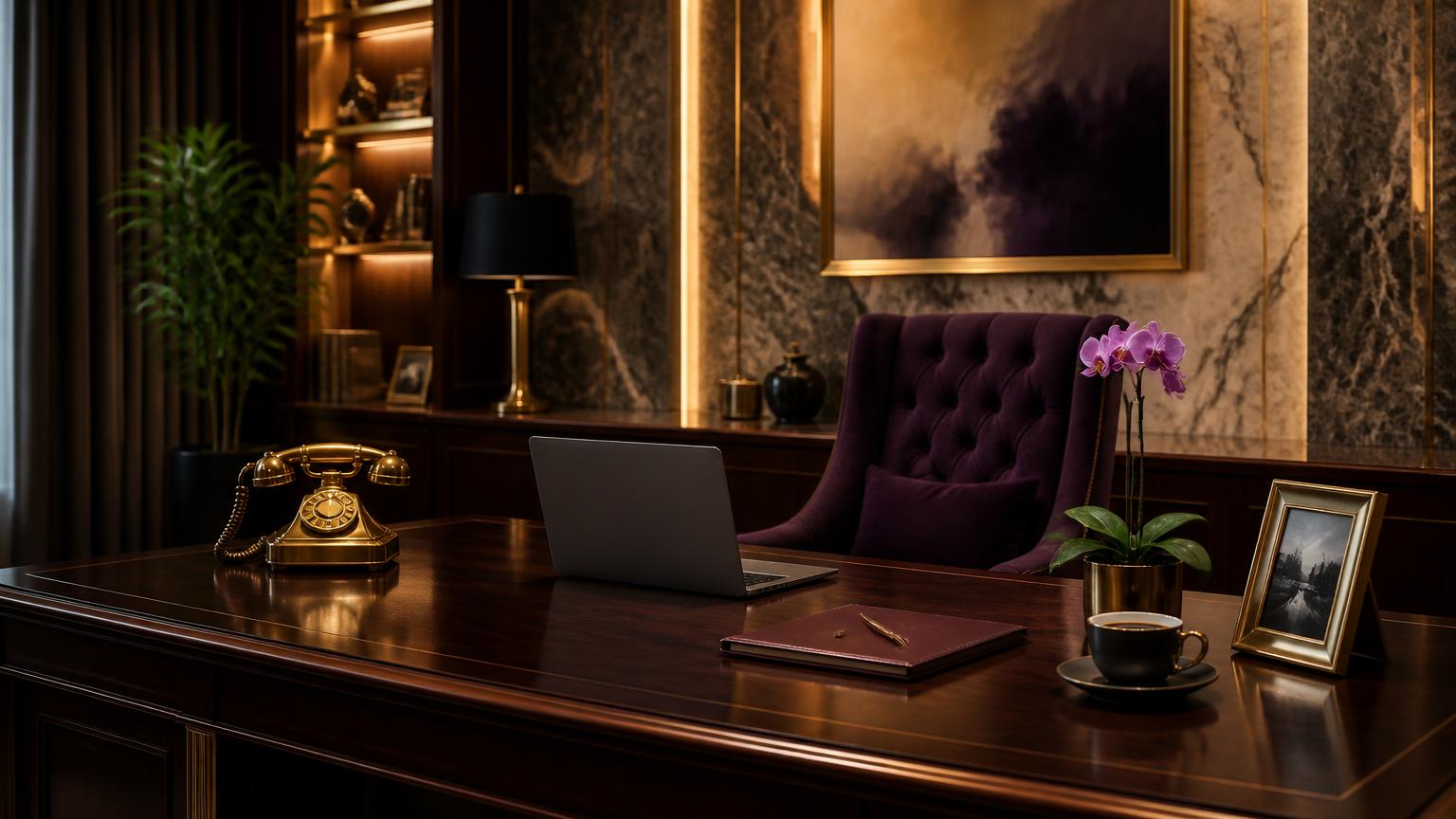 The WOP office desk: gold telephone, laptop, leather notebook and orchid