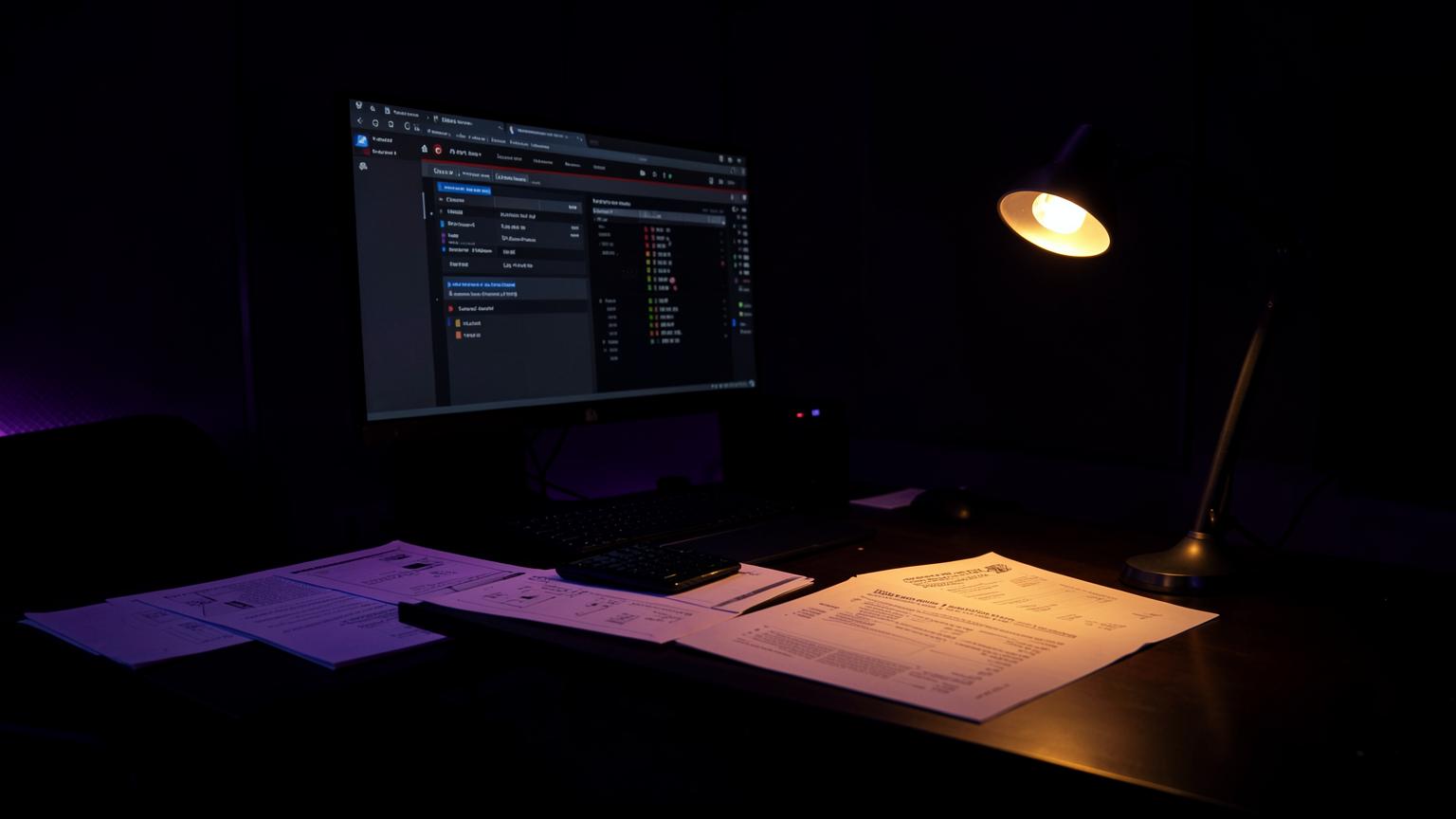 Dark document studio desk with printed plans and a deck on screen